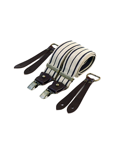 Bretelles larges Selvedge cuir buffalo - Rayure bleu marine sur écru